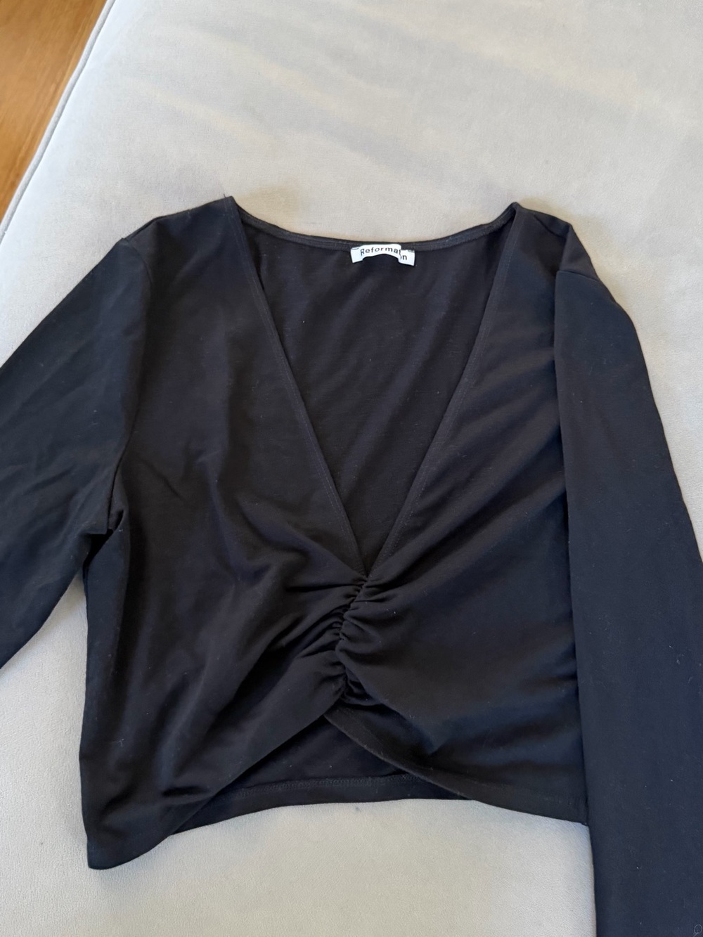 Reformation Black Ruched V-Neck Long Sleeve Crop Top